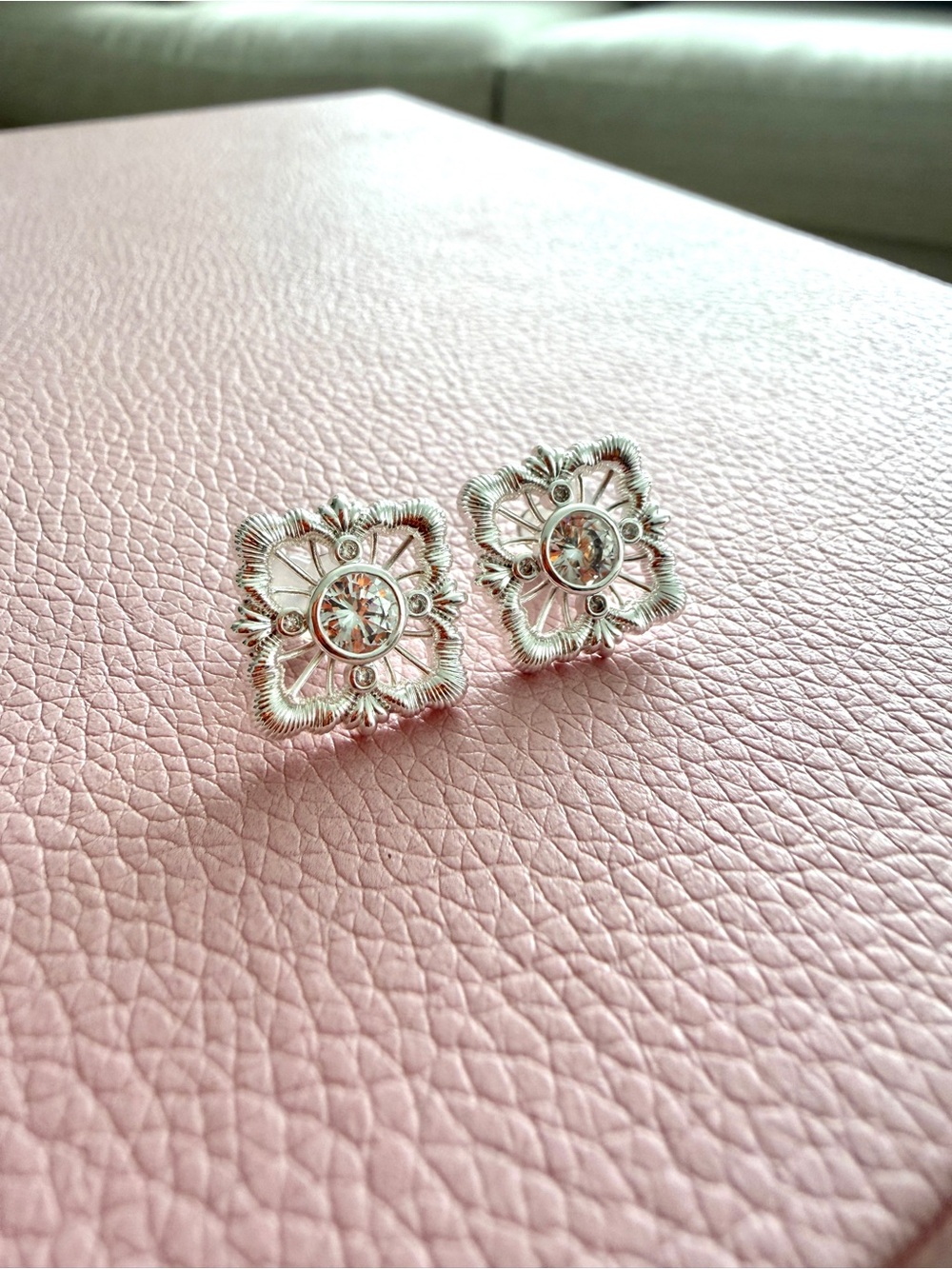 brand new Sterling Silver Filigree Square Stud Earrings with Clear Crystal